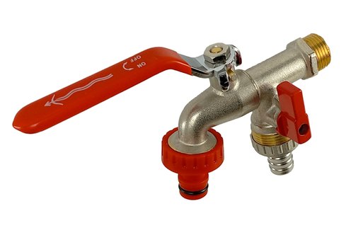 zahradní kulový kohout 1/2"x3/4"x3/4" s&nbsp;nástavcem na hadici, s&nbsp;připojením na hadici a&nbsp;rychlospojkou, Aquaristo